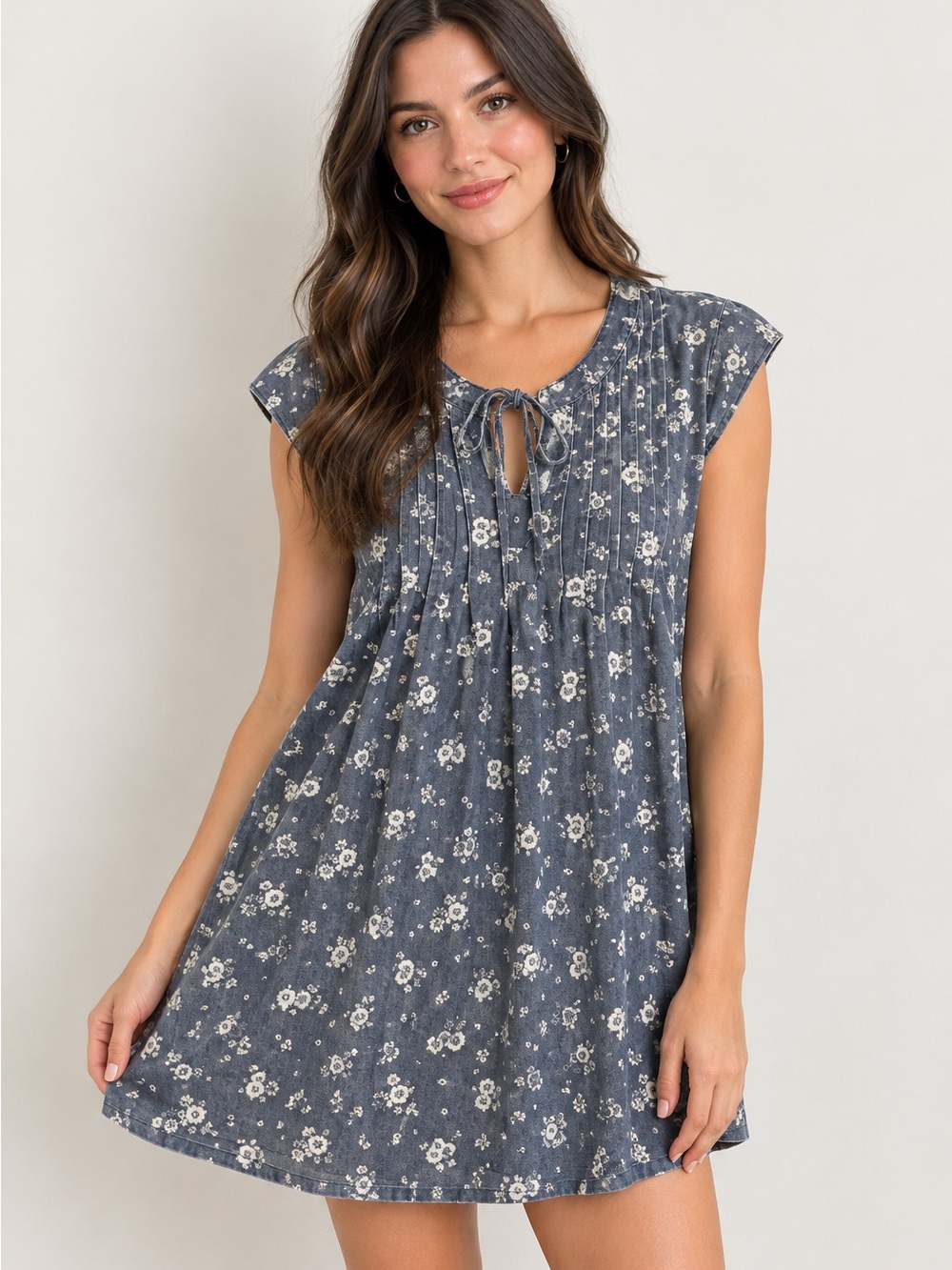 Denim Floral Tie-Front Casual Dress